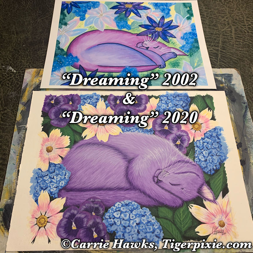Dreaming fantasy cat artwork from 2002 and 2020 by Carrie Hawks Tigerpixie